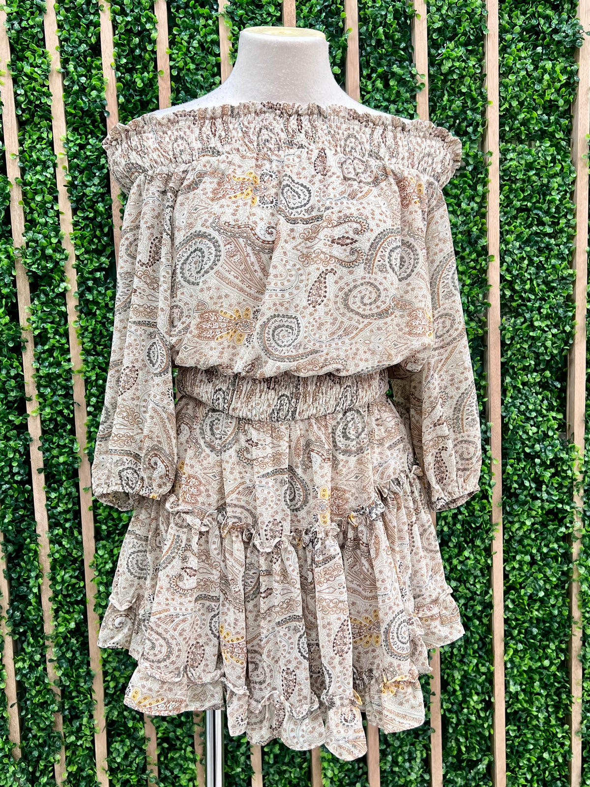 Sage Print Off Shoulder Short Dress