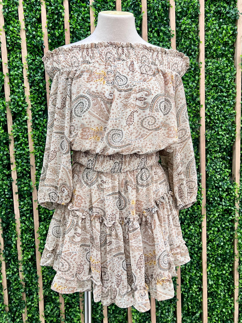 Sage Print Off Shoulder Short Dress