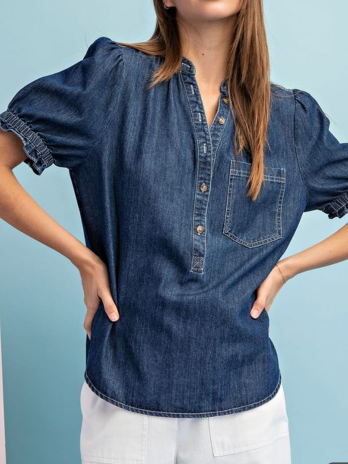 Dark Denim Short Balloon Sleeve Blouse
