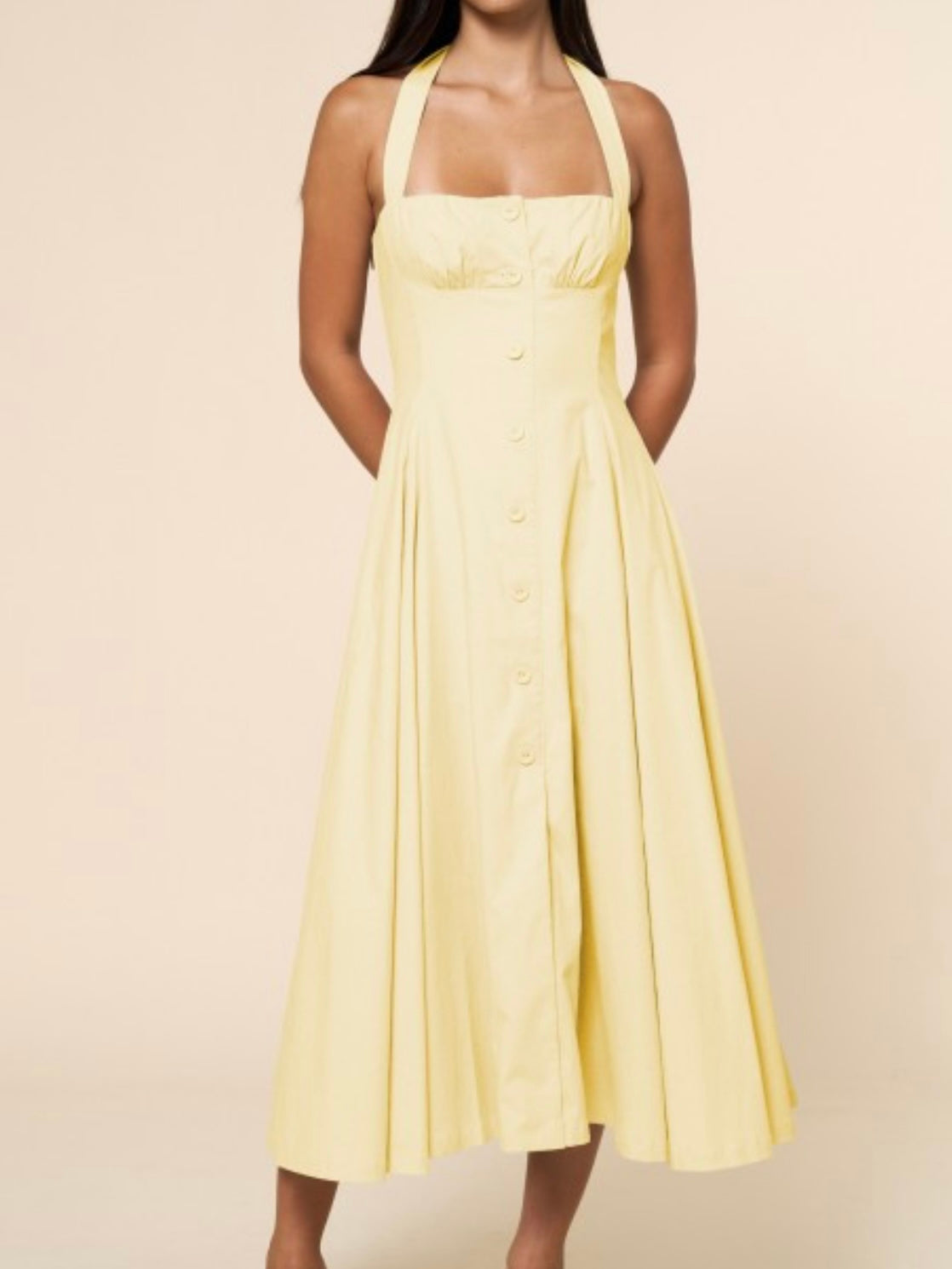 Yellow Halter Button Detail Midi Dress