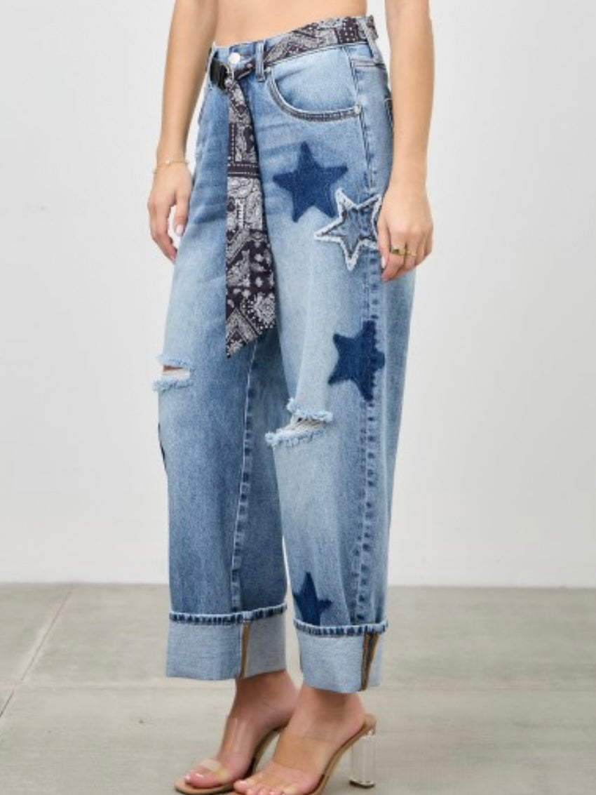 Star Patch Curved Barrel Jeans