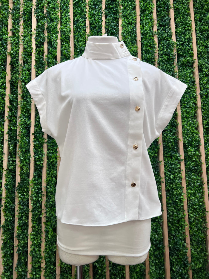 Ivory High Neck Button Detail Cap Sleeve Blouse