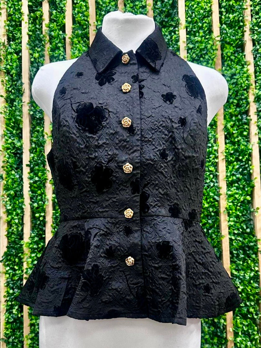 Beautiful Halter Black Floral Embossed Peplum TOp