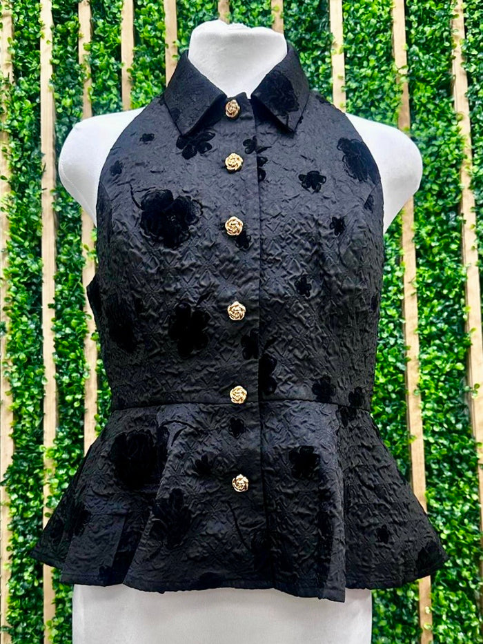 Beautiful Halter Black Floral Embossed Peplum TOp