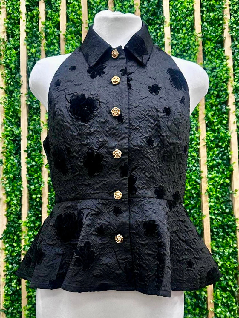 Beautiful Halter Black Floral Embossed Peplum TOp