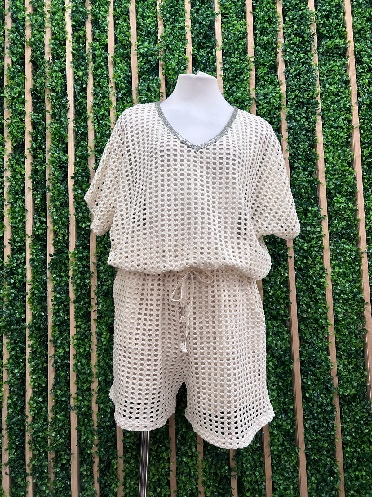 Cream Gold and Silver Mesh Short Pant Set