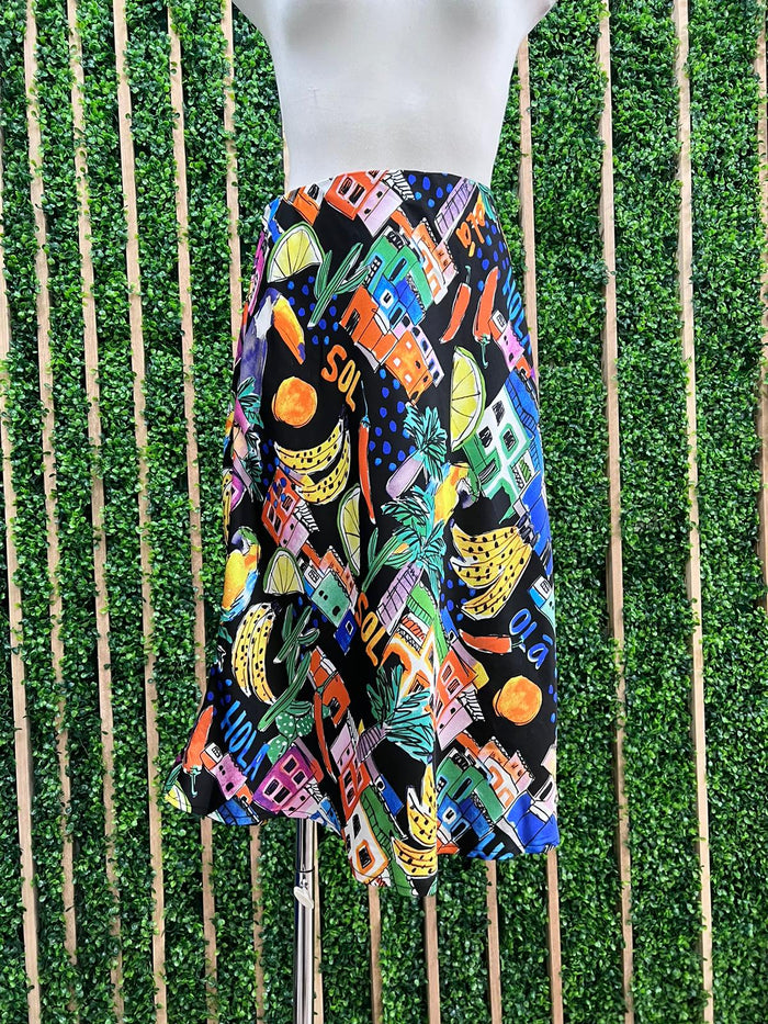 Black Multi Tropical Print Midi Skirt