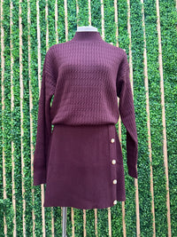 Burgundy Button Detail knit Skirt Set