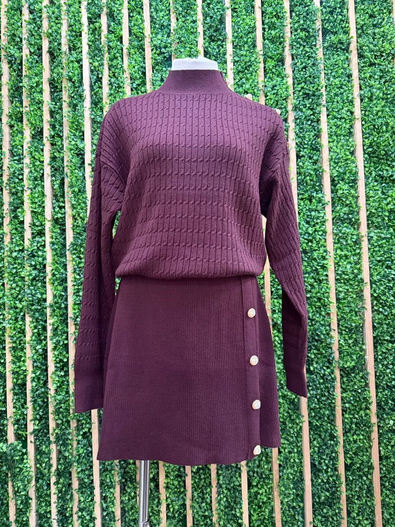 Burgundy Button Detail knit Skirt Set