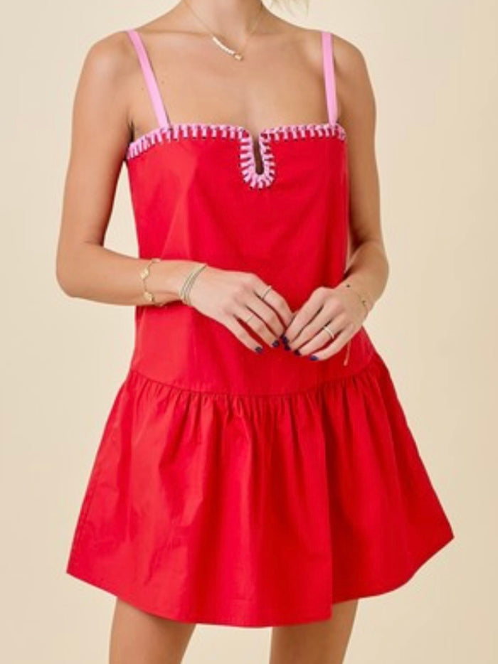 Red Pink Stitch Loop Detail Dropwaist Short Dress