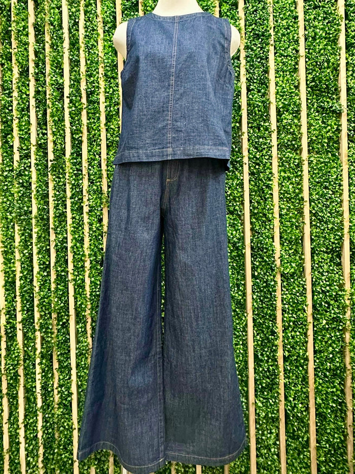 Dark Denim Stitch High Waist Pleated Wide Leg Trousers