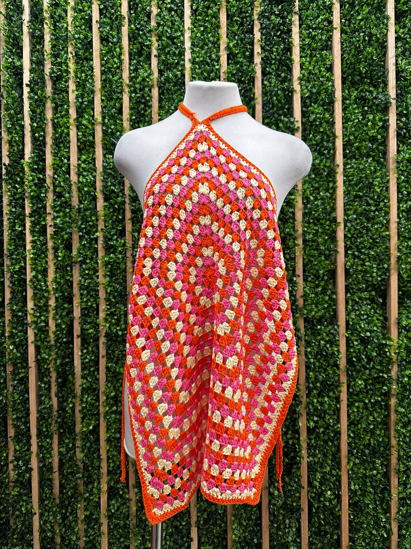 Orange pink Geo Knit Wrap Crichet Coverup Dress