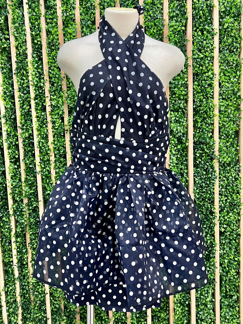 Navy White Polka Dot Halter Short Dress