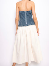 Denim Bodice Midi Dress with Sweetheart Neckline