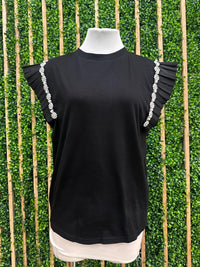 Black Pearl Flower Trim Angel Sleeve Top