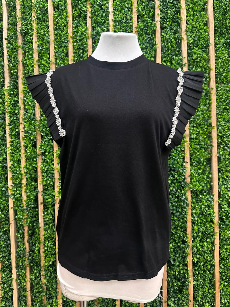 Black Pearl Flower Trim Angel Sleeve Top