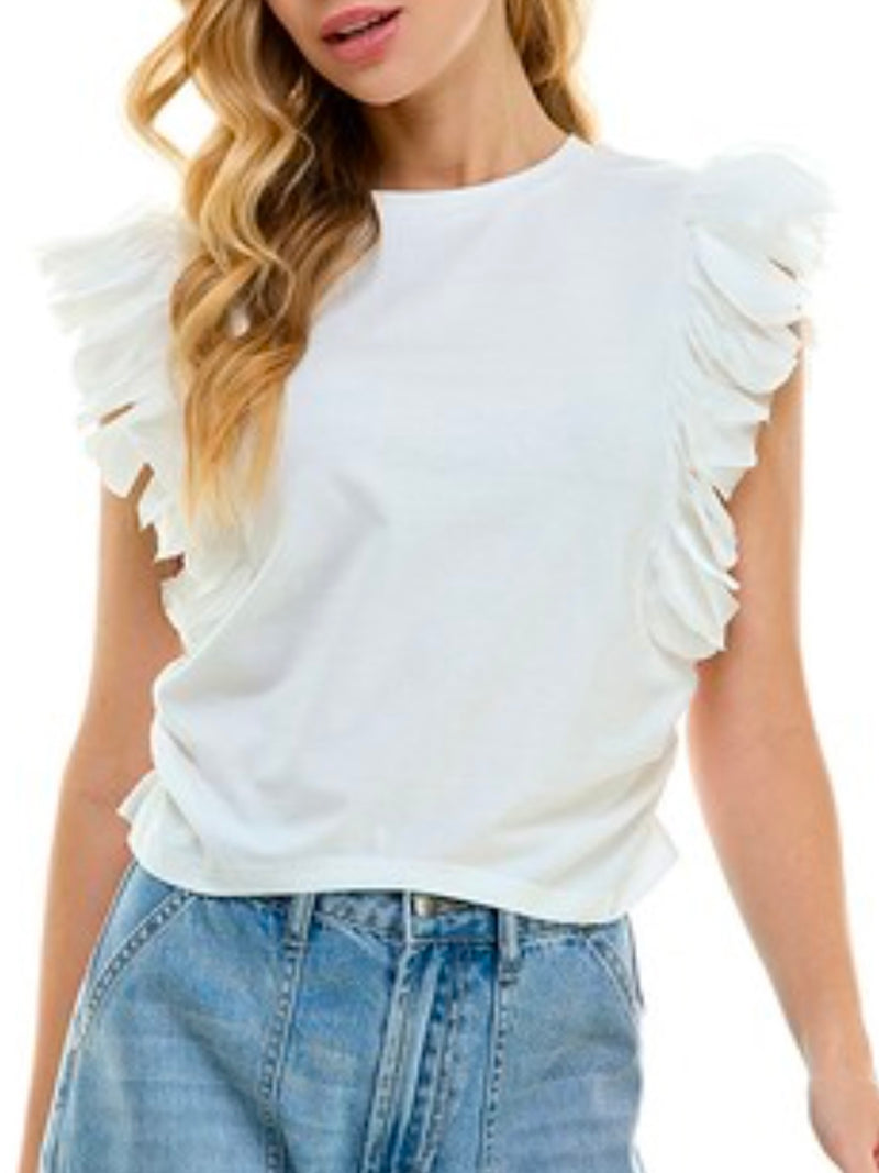 White Circle Trim Sleeves Top