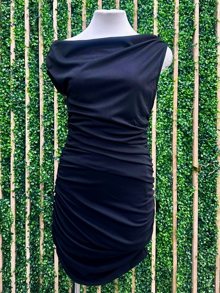 Sculpted Off Shoulder Ruched Black Short Dress