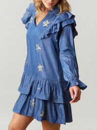 Sparkly Star Ruffled Dropwaist Denim Dress