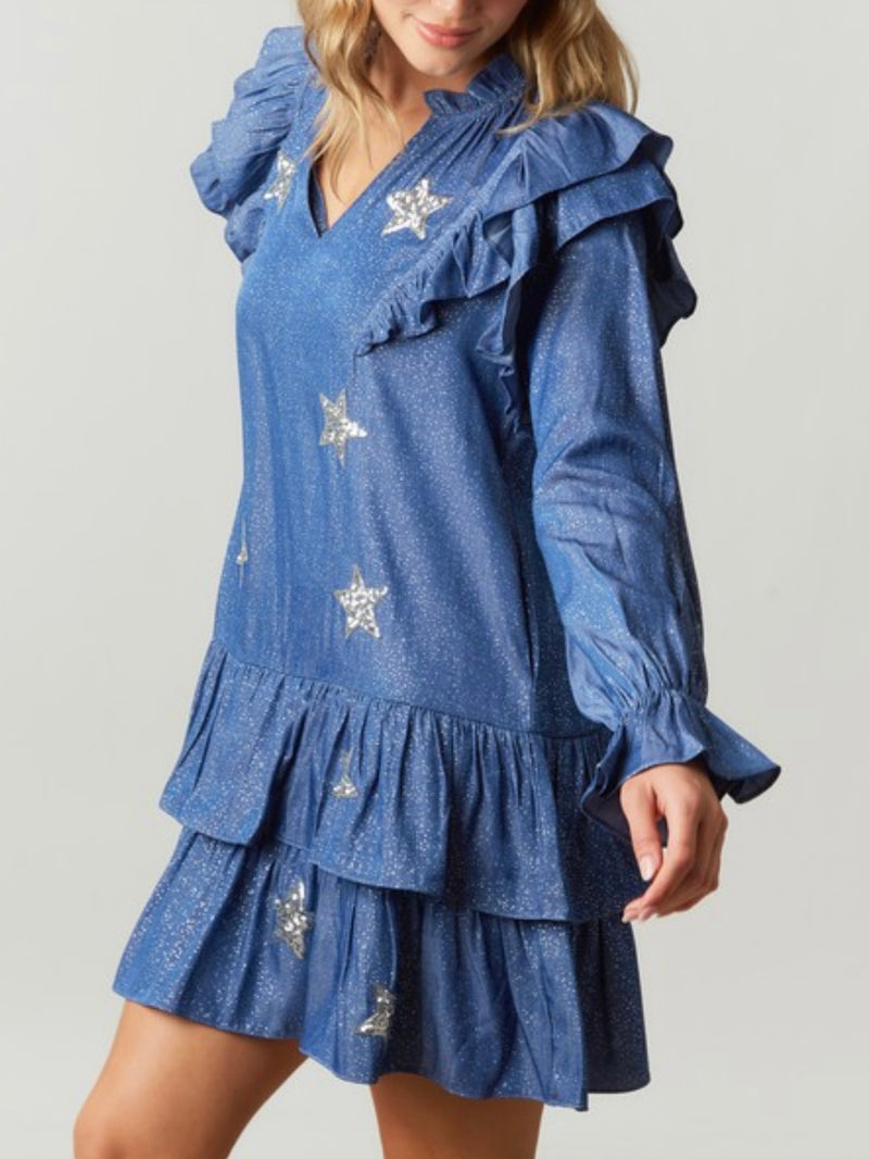 Sparkly Star Ruffled Dropwaist Denim Dress