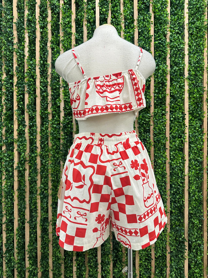 Red Food Print Short Pant Set