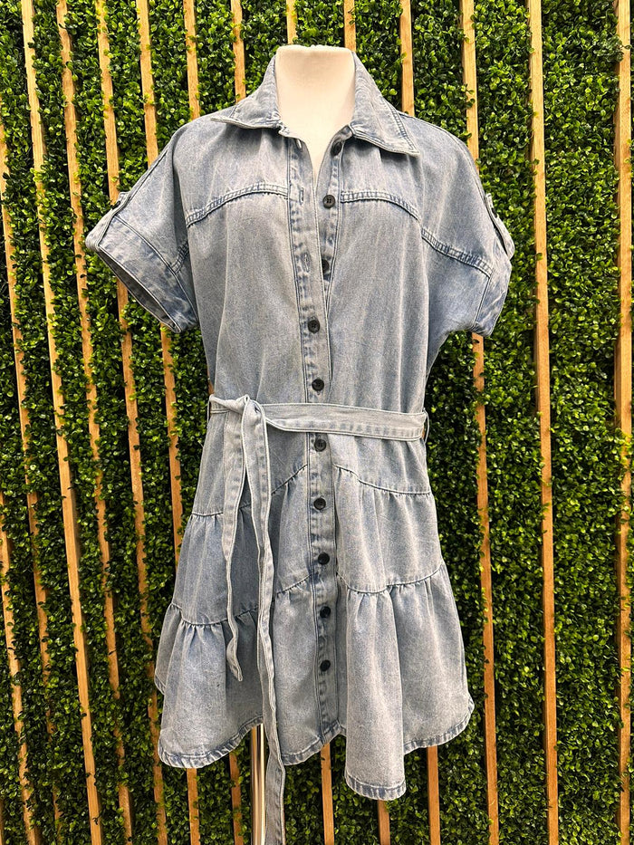 Collared Denim Tiered Short Dress