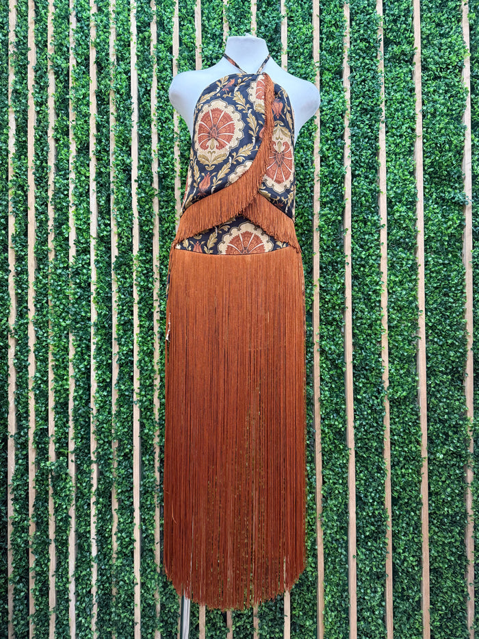 Caramel Paisley Boho Fringe Maxi Skirt