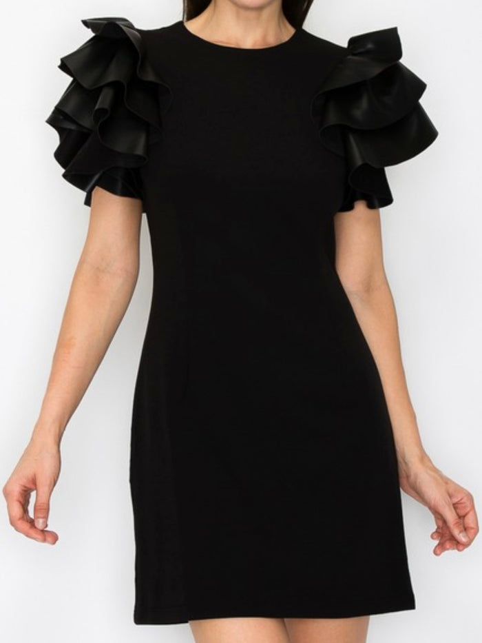 Black Faux Leather Ruffled Sleeves Short Dress