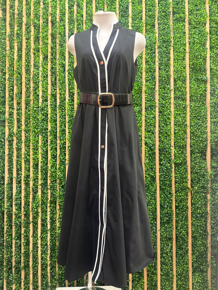 Black Contrast Trim Sleeveless Midi Dress