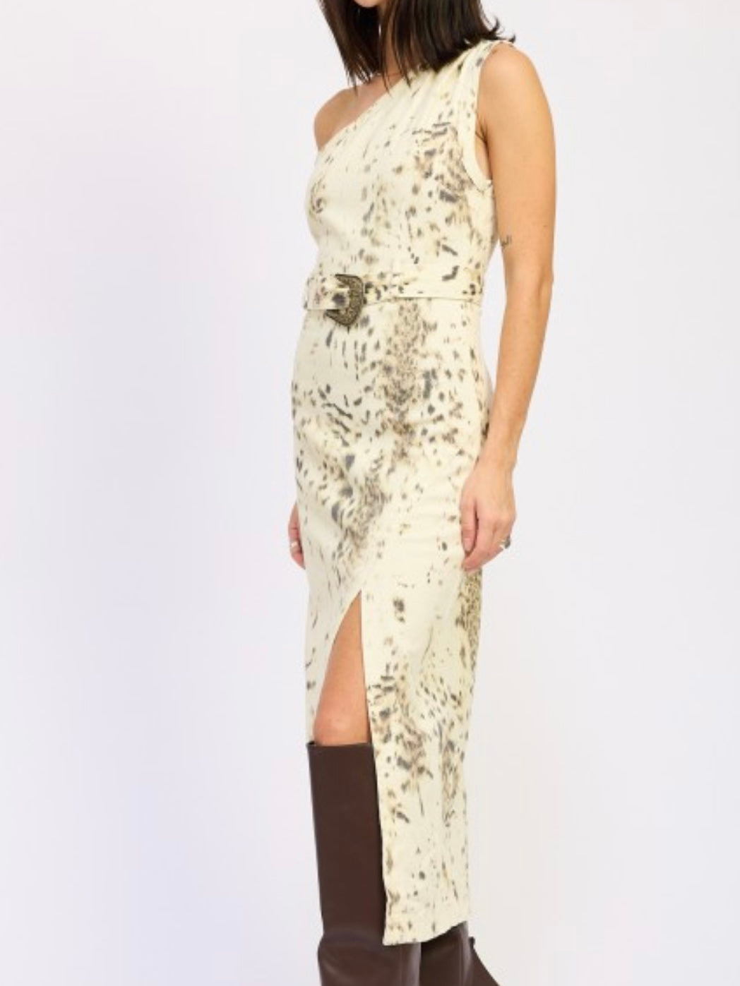 Ivory Brown Midi Printed One Shoulder Western Belted Dress