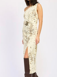 Ivory Brown Midi Printed One Shoulder Western Belted Dress