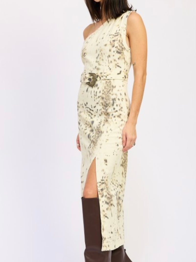 Ivory Brown Midi Printed One Shoulder Western Belted Dress