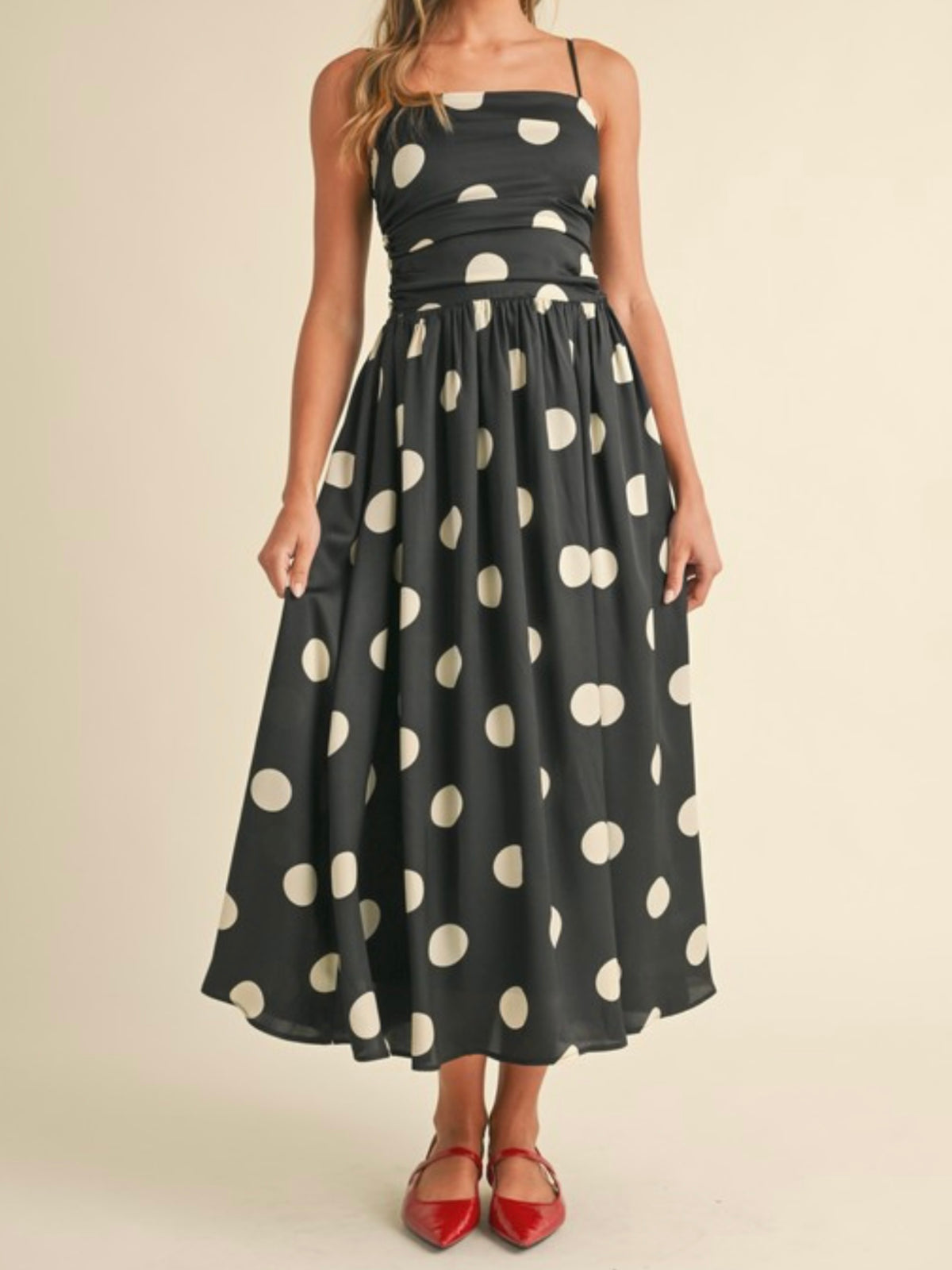 Black Polka Dot Ruched Drop Waist Midi Dress