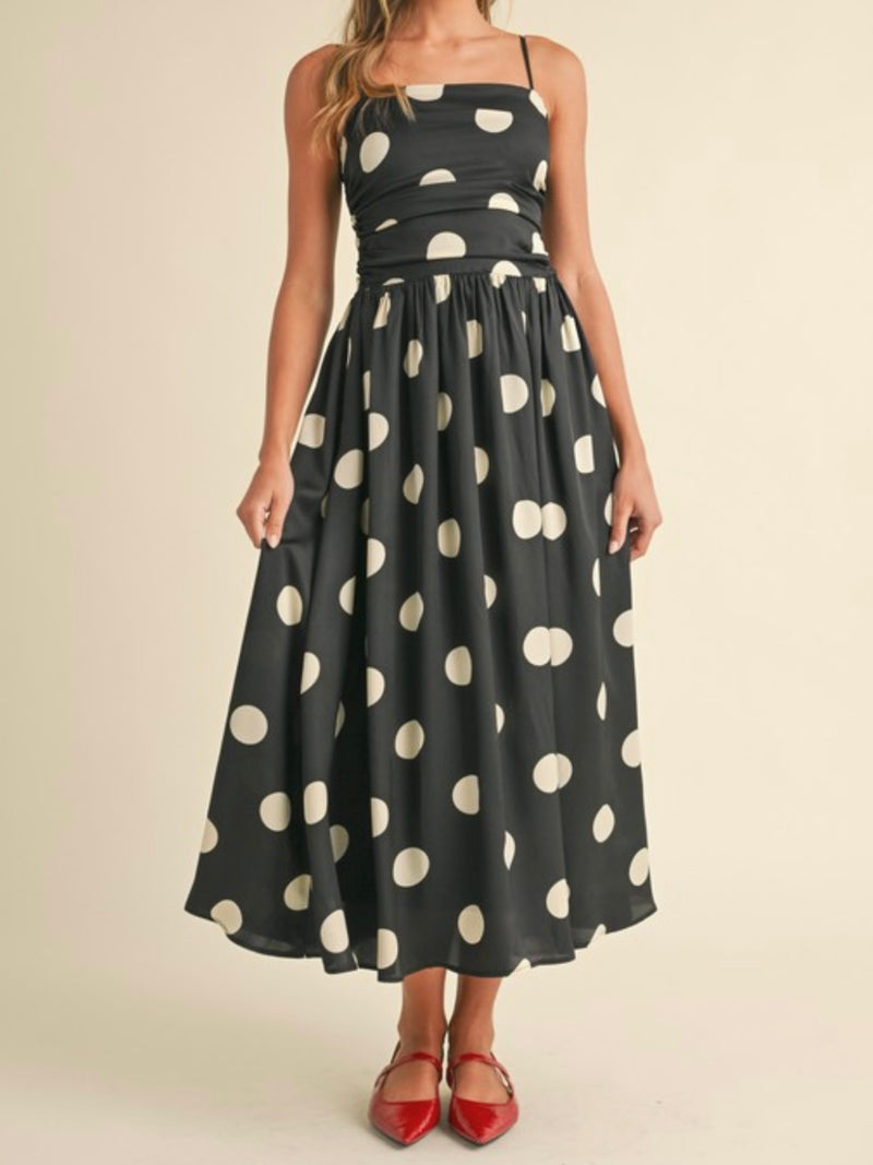 Black Polka Dot Ruched Drop Waist Midi Dress