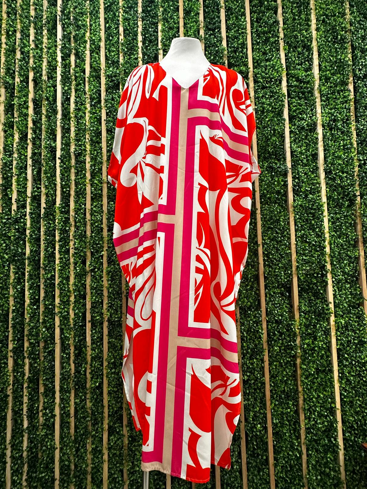 Red Orange Sicilia Print V Neck Maxi Dress