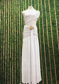 White One-Shoulder Ruched Brooch Detail Maxi Skirt Set