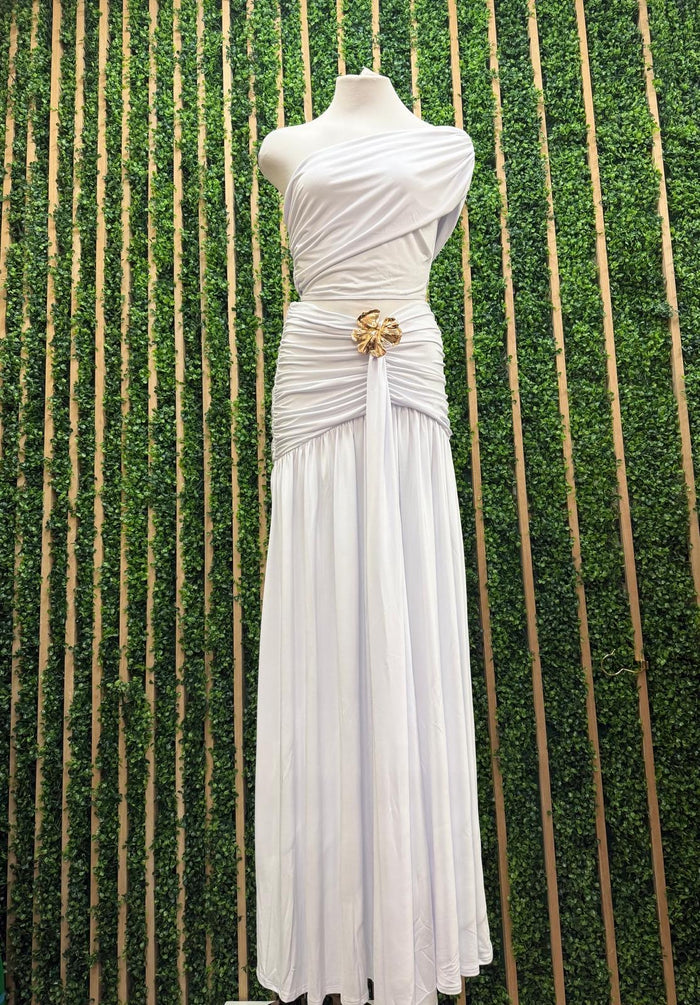 White One-Shoulder Ruched Brooch Detail Maxi Skirt Set
