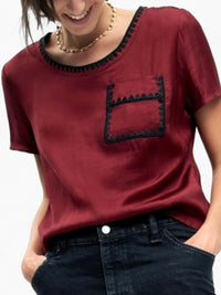 Whipstitch Satin Short Sleeve Blouse