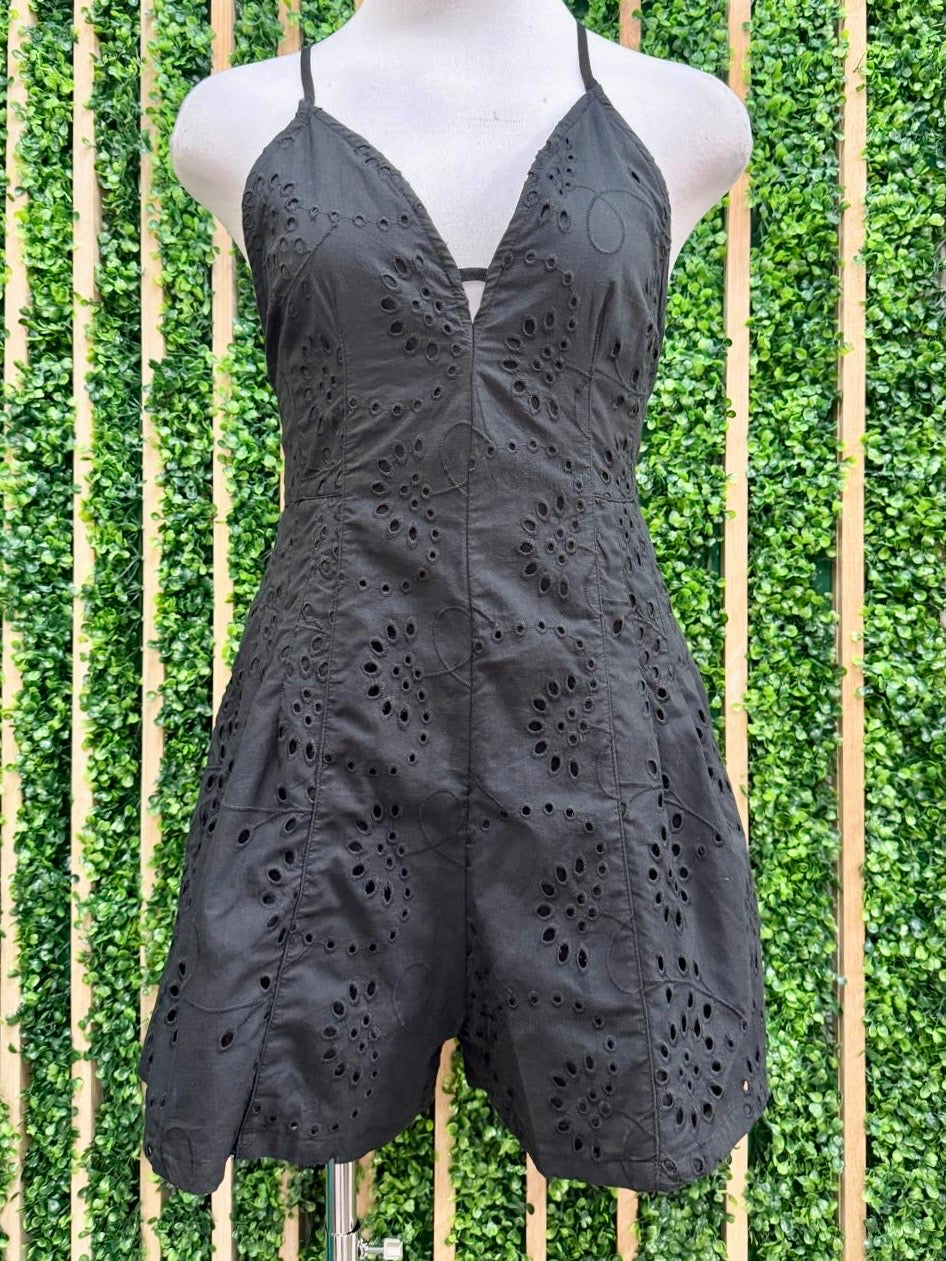 Black Eyelet Pleated Criss Cross Tie Romper