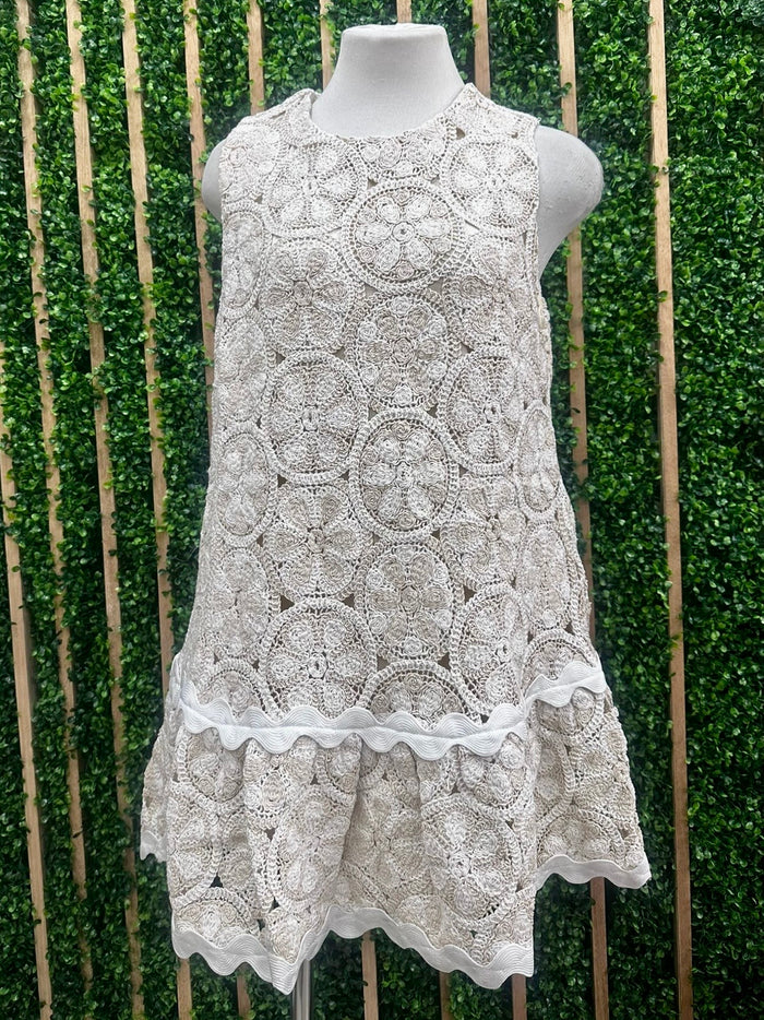 Taupe White Lace Dropwaist Short Dress