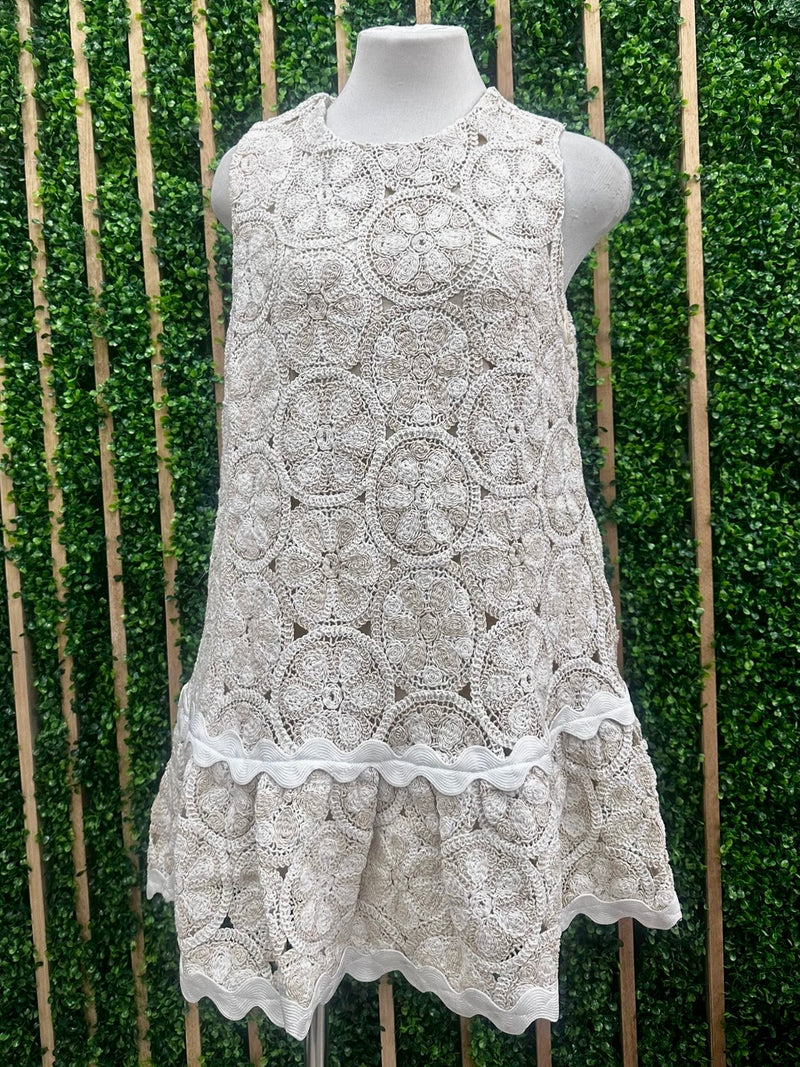 Taupe White Lace Dropwaist Short Dress