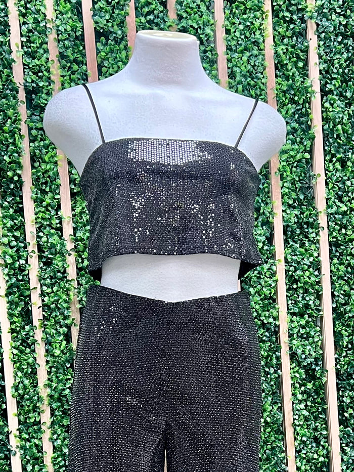 Black Sequin Strappy Crop Top