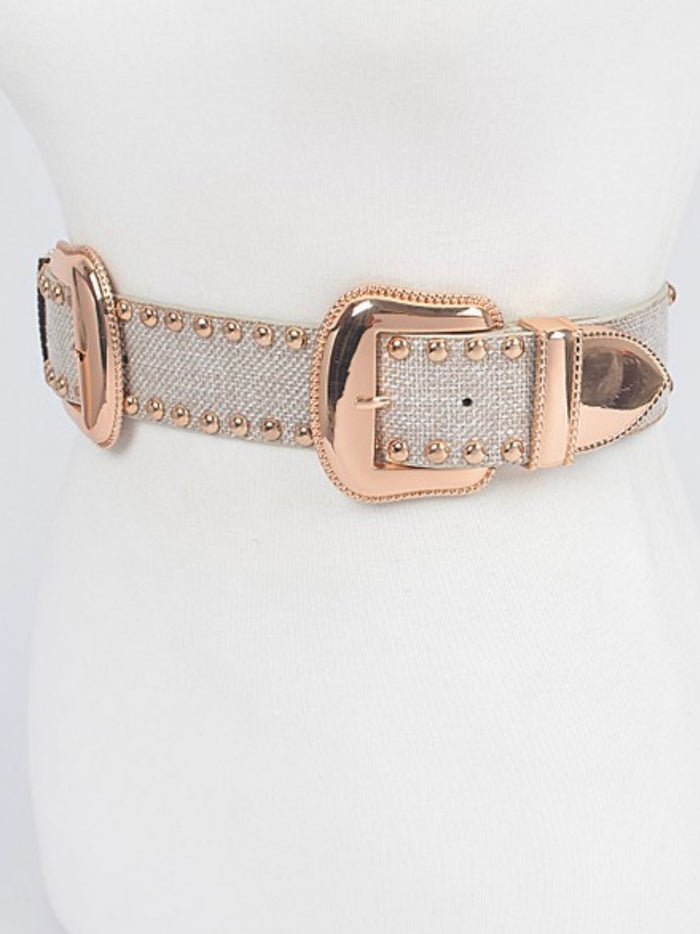 Natural Linen Studded Double Buckle Belt