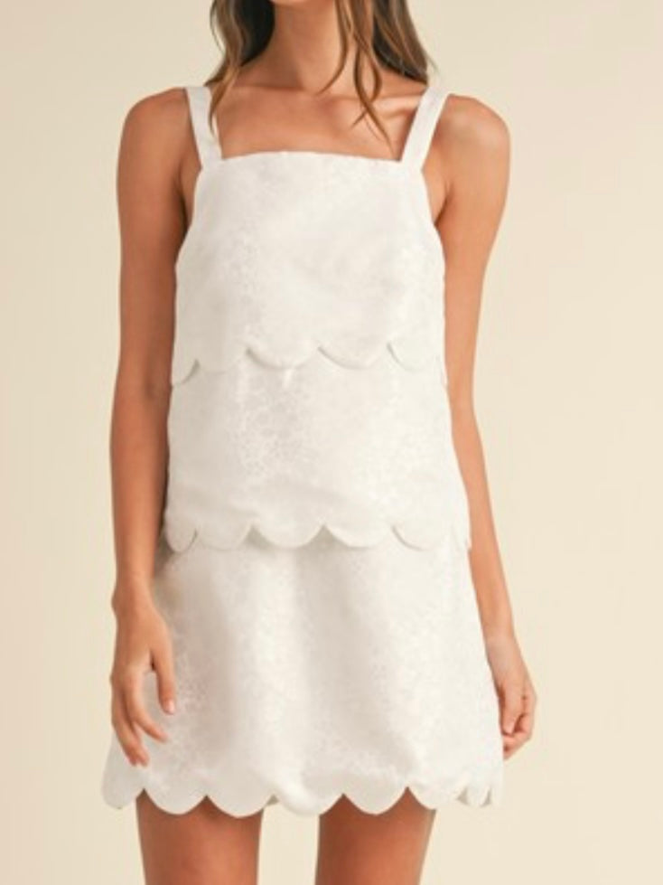 Off White Beautiful Tiered Scalloped Hemline Short Dress