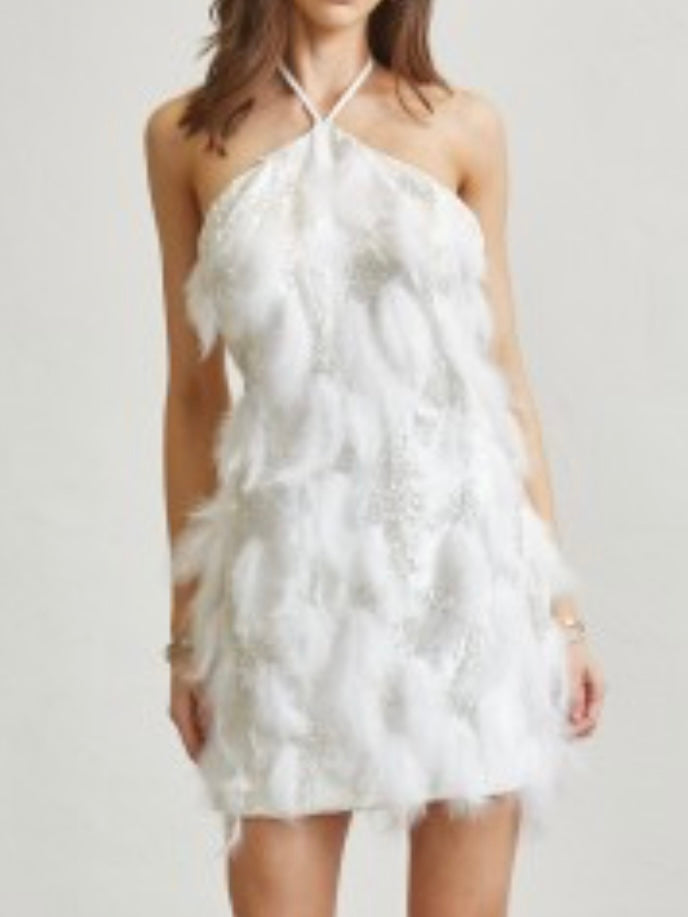 Exquisite Crystal Beaded Feather Short Dress