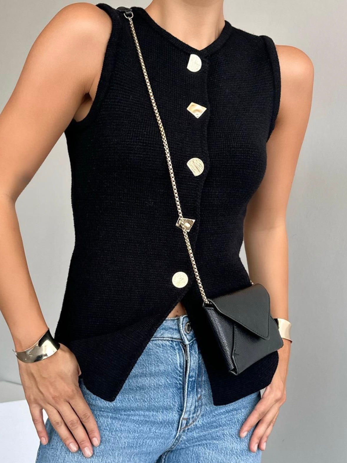 Unique Gold Buttons Detail Knit Vest Top