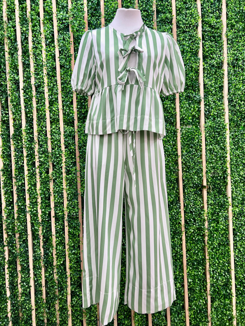 Sage Stripe Front Tie Pant Set