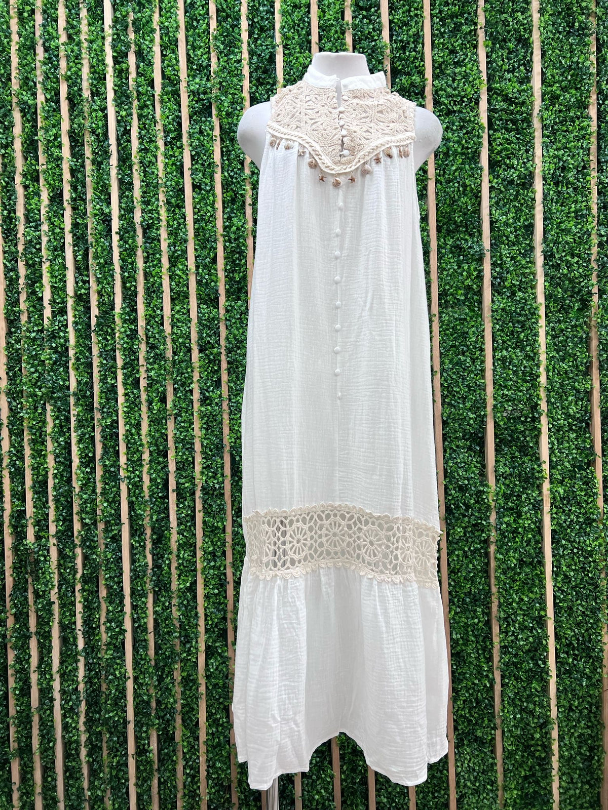 Flower Lace Detail Cotton Gauze Button Down Maxi Dress