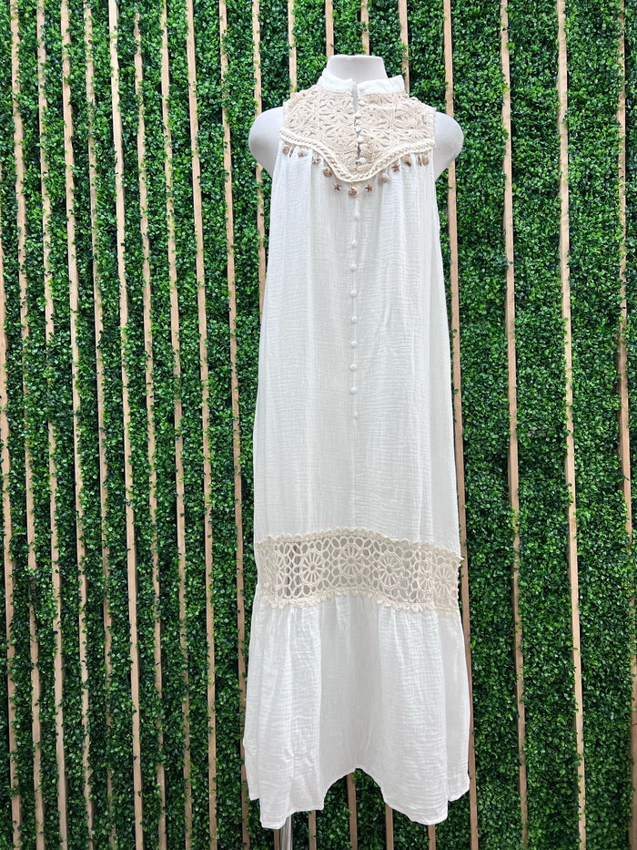 Flower Lace Detail Cotton Gauze Button Down Maxi Dress