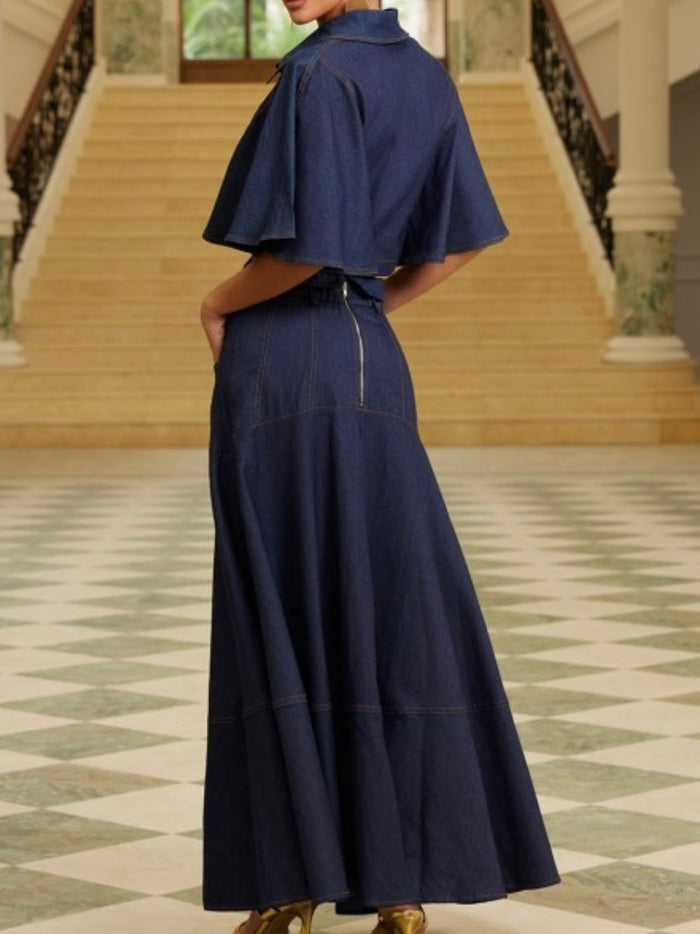 Beautiful Dark Denim Cape Sleeve Crop Top